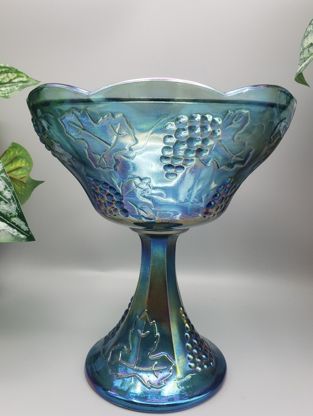 Blue Harvest Grape Indiana Carnival Glass Compote -Vintage 1970's Iridescent 7.5
